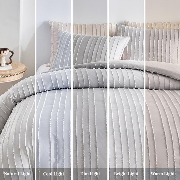Boho Duvet Cover Striped Textured Duvet Cover Set Tufted Bedding Set  Lightgrey - Picture 7 of 7